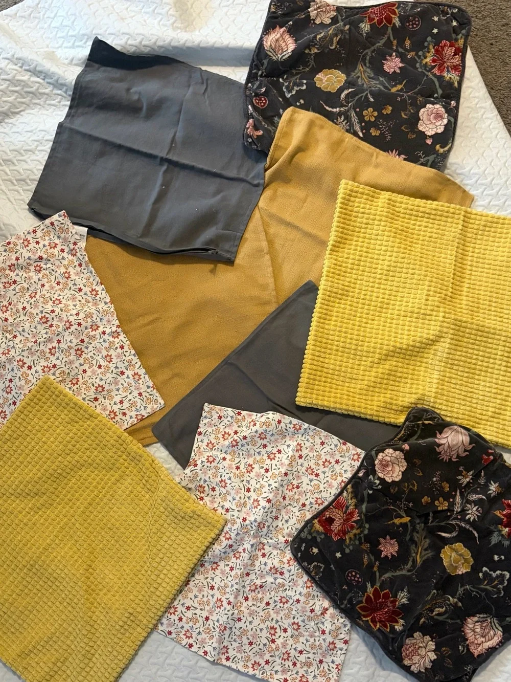 IKEA Accent Pillow Covers in Mustard Yellow, Charcoal Gray, and Floral Black